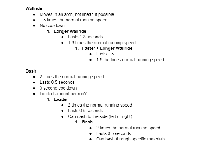 Gameplay document excerpt listing Wallride and Dash upgrade values