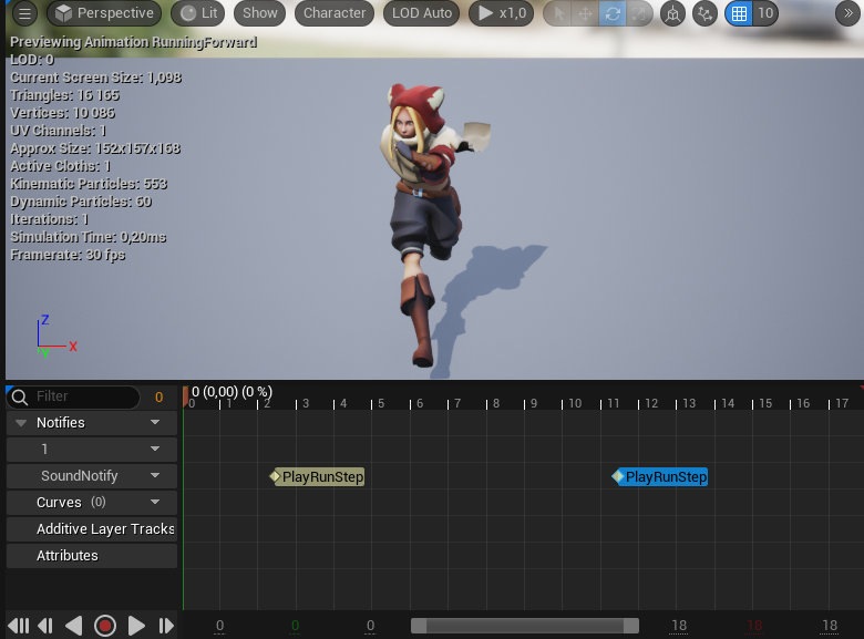 Unreal animation preview with PlaySoundStep notifies on the running animation