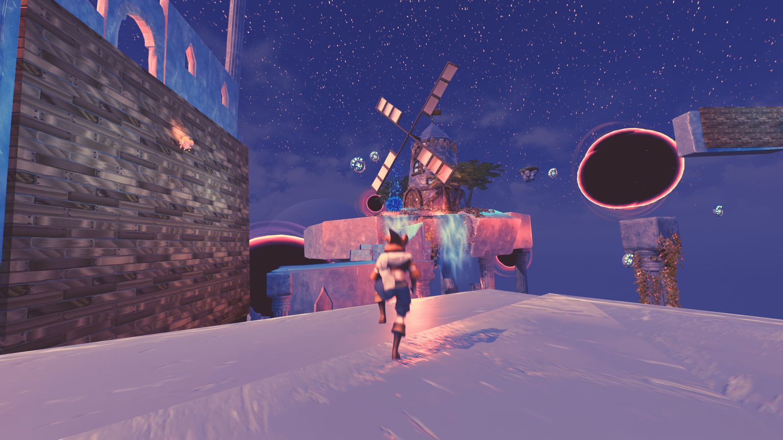 Gabriel running toward a floating windmill island with black holes in the sky