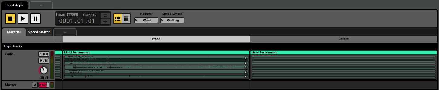 FMOD footsteps event with Wood and Carpet material parameters