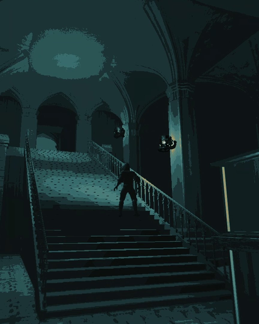 A cultist climbing a grand staircase in a dark hall