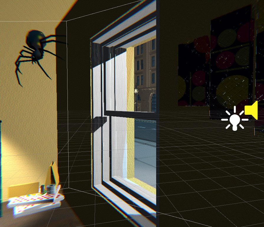 Spider crawling beside the room's window overlooking the city